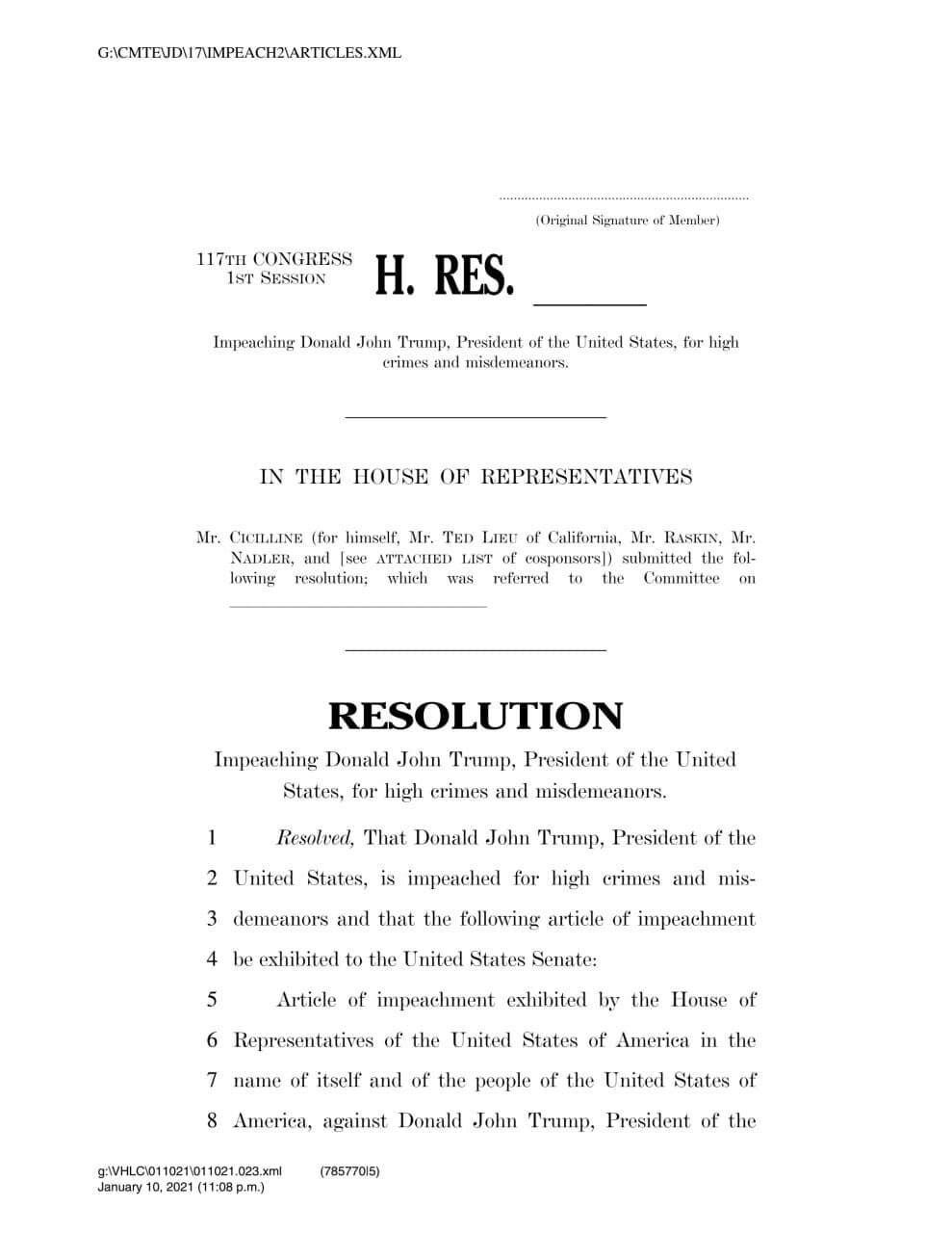 Палата представителей США опубликовала текст резолюции об импичменте Трампа